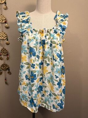 NWT Perch Blu Pepper Blue & Yellow Floral Ruffle Strap Square Neck Tank Top 2XL